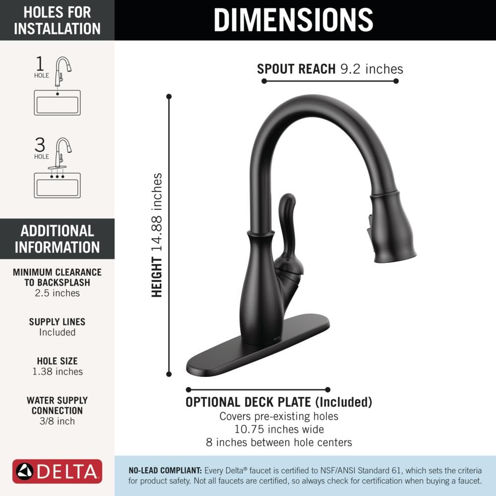 Delta Leland Matte Black Kitchen Faucet with Pull Down Sprayer, Traditional Single Hole Kitchen Sink Faucet, Single Handle, Matte Black 9178-BL-DST