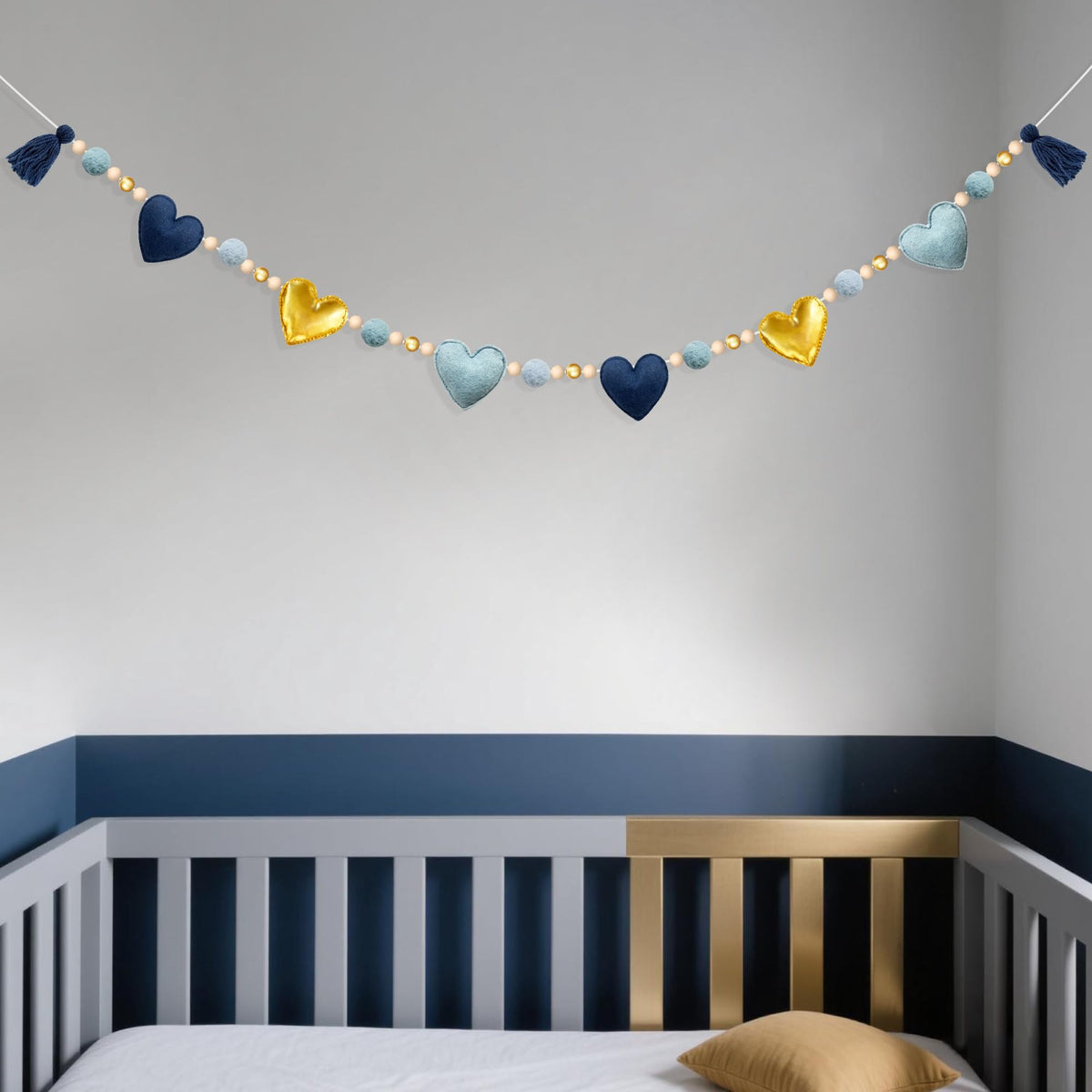 Dusty Blue Gold Heart Decorations Handmade Pre-Strung Felt Heart Banner Wool Felt Ball Wooden Bead Garland for Birthday Baby Shower Anniversary Valentines Day Nursery Classroom Fireplace Home Decor