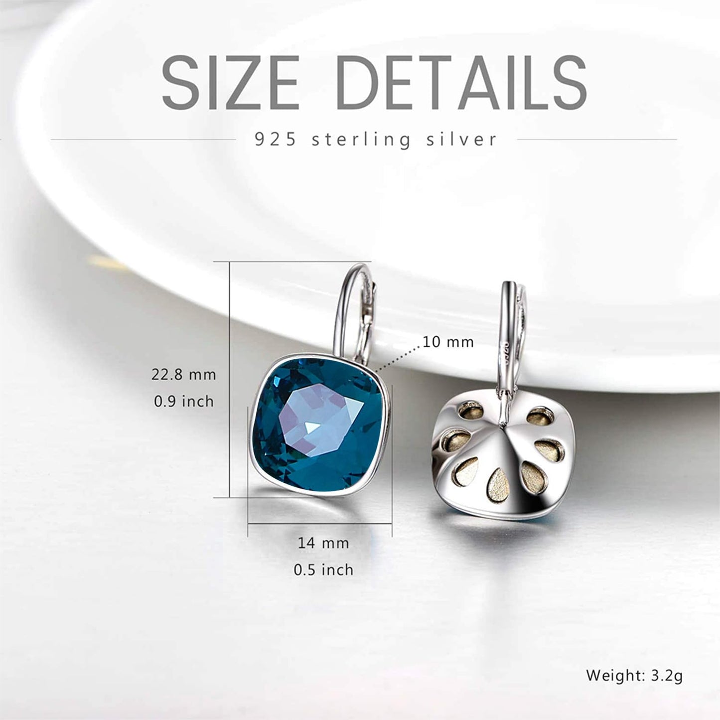 AOBOCO Sterling Silver Leverback Earrings Embellished with Crystals from Austria, Hypoallergenic Cushion Cut Square Crystal Earrings, Fine Anniversary Birthday Jewelry Gifts for Women (London Blue)