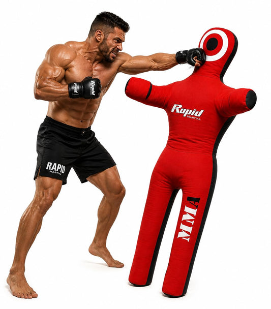 Rapid Mart 5FT Grappling Dummy for MMA, BJJ & Wrestling – Unfilled Jiu Jitsu Training Dummy with Moveable Arms & Legs – Practice Dummy for Kids & Adults (Red-Black)