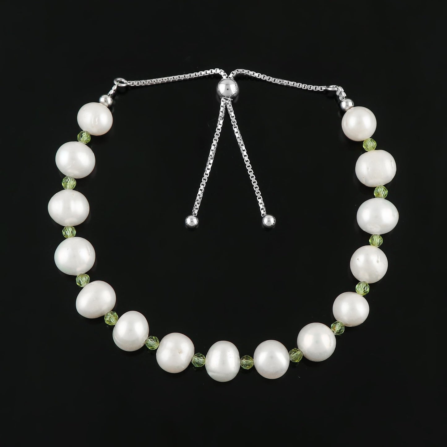 CRYSTALIS Natural Peridot And Natural FW Pearl Beaded Bolo Bracelet, Elegant Beads Crystal, Chakra Bracelet, Healing Bracelet, Gemstone Jewelry, 925 Sterling Silver Slider 10 inch, Gift for Princess