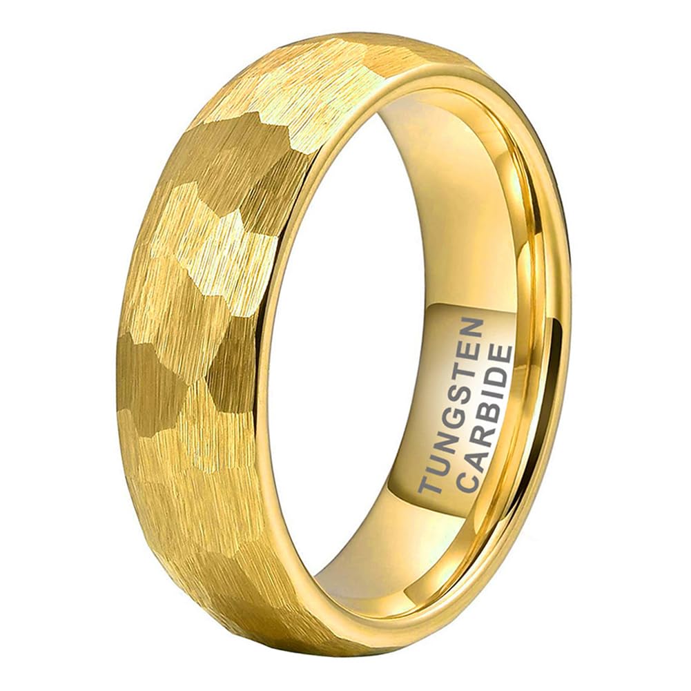 TUTISS 6mm Gold Hammered Tungsten Rings for Men Women Engagement Wedding Bands Domed Matte Finish Comfort Fit Size 6