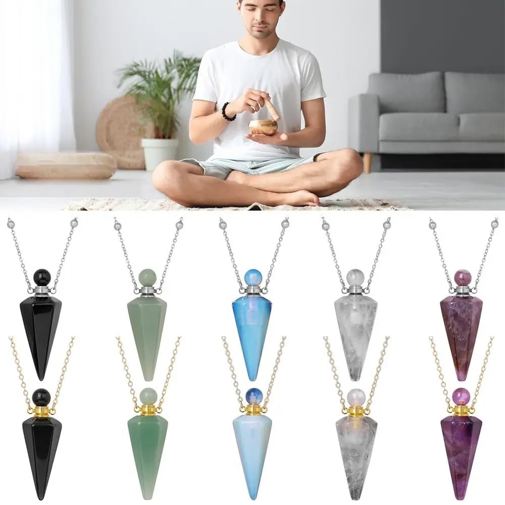 925 Sterling Silver Essential Oil Necklace For Women And Men, Natural Crystal Stone Cone Shape Pendant Necklace Healing Perfume Bottle Necklace Essential Oil Pendant Necklace (2 - Essential Oil Necklace)