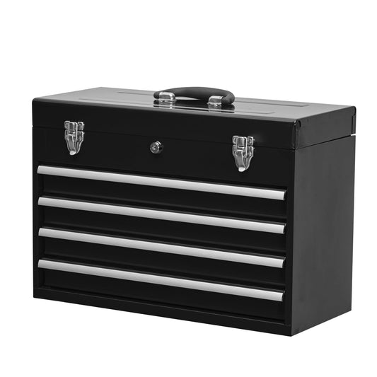 Portable Metal Tool Box with 4 Drawers - Heavy Duty Steel Tool Chest with Lock & Latch Closure for Garage, Warehouse, and Outdoor Repairs - Black