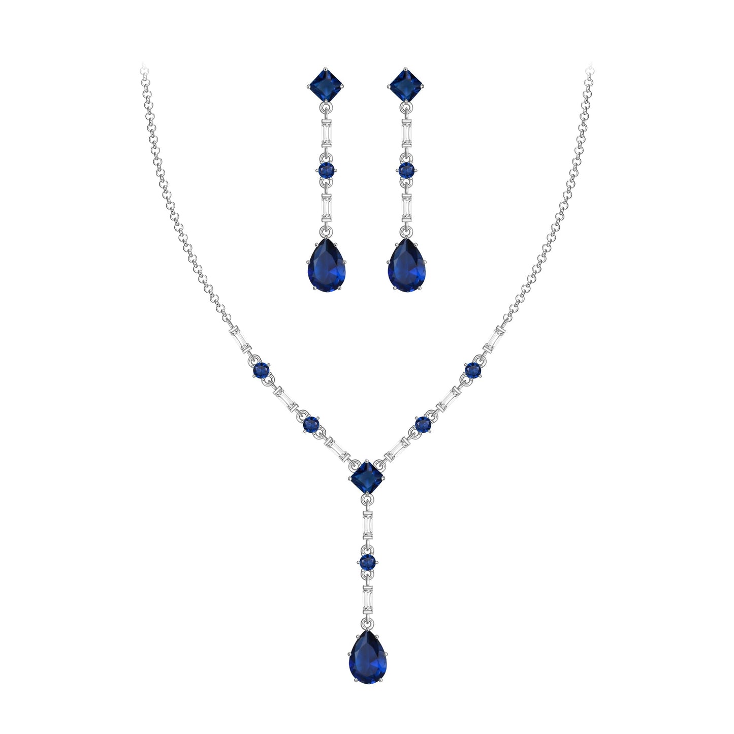 EVER FAITH Blue Cubic Zirconia Jewelry Set Elegant Rhombic Sapphire September Birthstone Teardrop Wedding Prom Choker Necklace Dangle Earrings Sets for Women