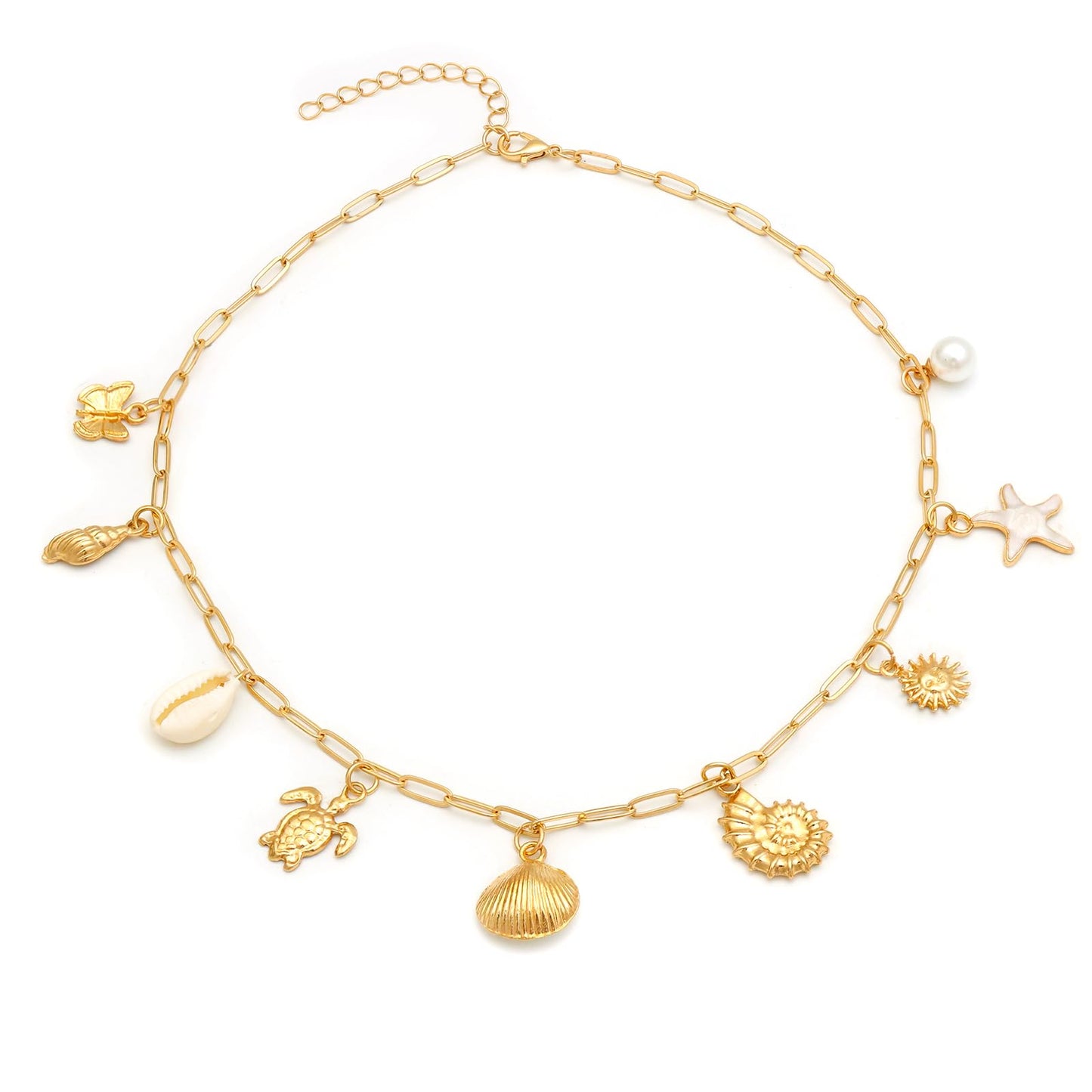 MAIKERDER Shell Necklace for Women,14K Gold Plated Shell Starfish SeaShell Pendant Charm Necklace Dainty Beach Paperclip Necklaces for Women Summer Vacation Non Tarnish 16 Inches
