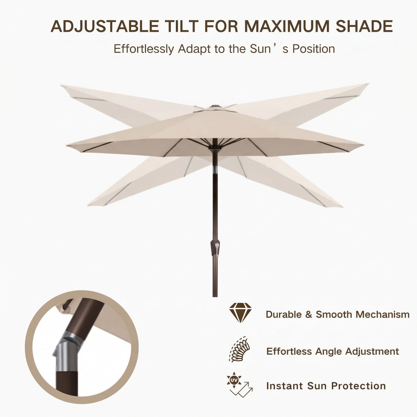 Kingdura 9FT Outdoor Patio Umbrella with Solar Lights, Market Table Umbrella with Push Button Tilt & Crank, 8 Sturdy Ribs, 32 LED Lights, UV Protection for Garden Lawn Deck Backyard Pool (Beige)