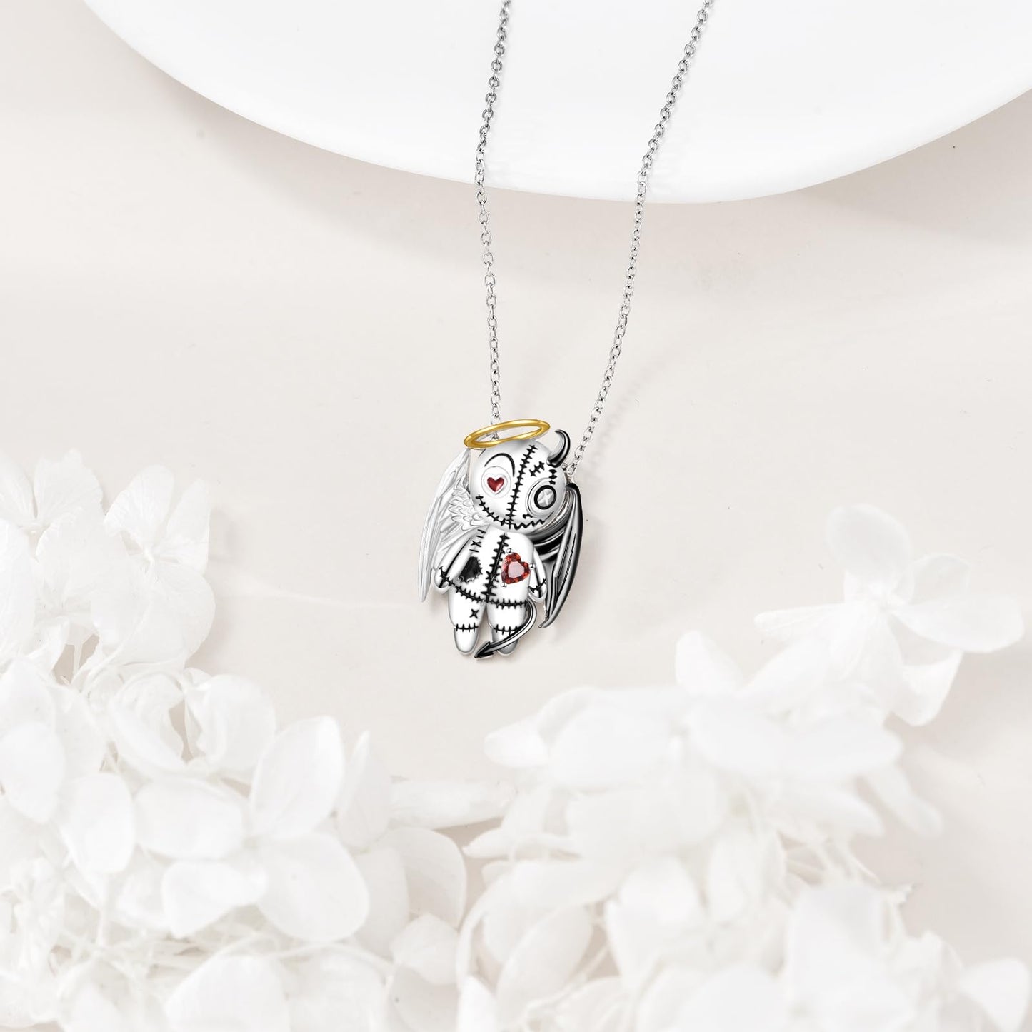 Grmdit Voodoo Doll Necklace 925 Sterling Silver Angels and Demons Voodoo Pendant Necklace Goth Dolls Jewelry Gifts for Women