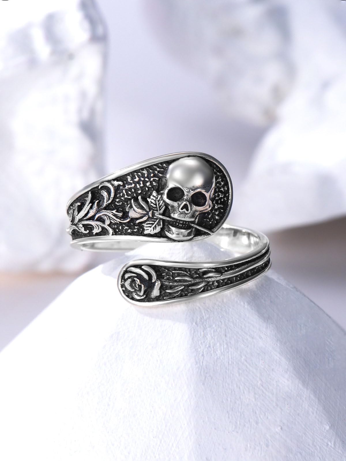 Midari Skull Rose Spoon Rings for Women 925 Sterling Silver Skull Ring Adjustable Punk Skull Rings Skull Rings Open Antique Spoon Rings Jewelry for Women Hallowee Birthday Christmas Gifts
