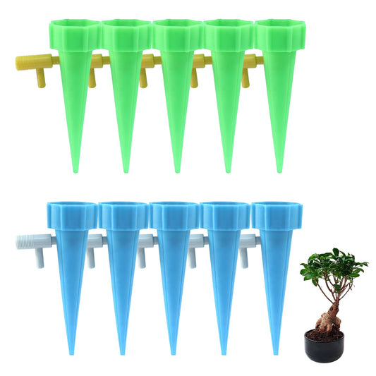 Aoserge Self Watering Spikes 10pcs–Automatic Plastic Drip Irrigation Devices for Indoor & Outdoor Plants, Adjustable Control Valve for Precise Watering(Blue & Green)
