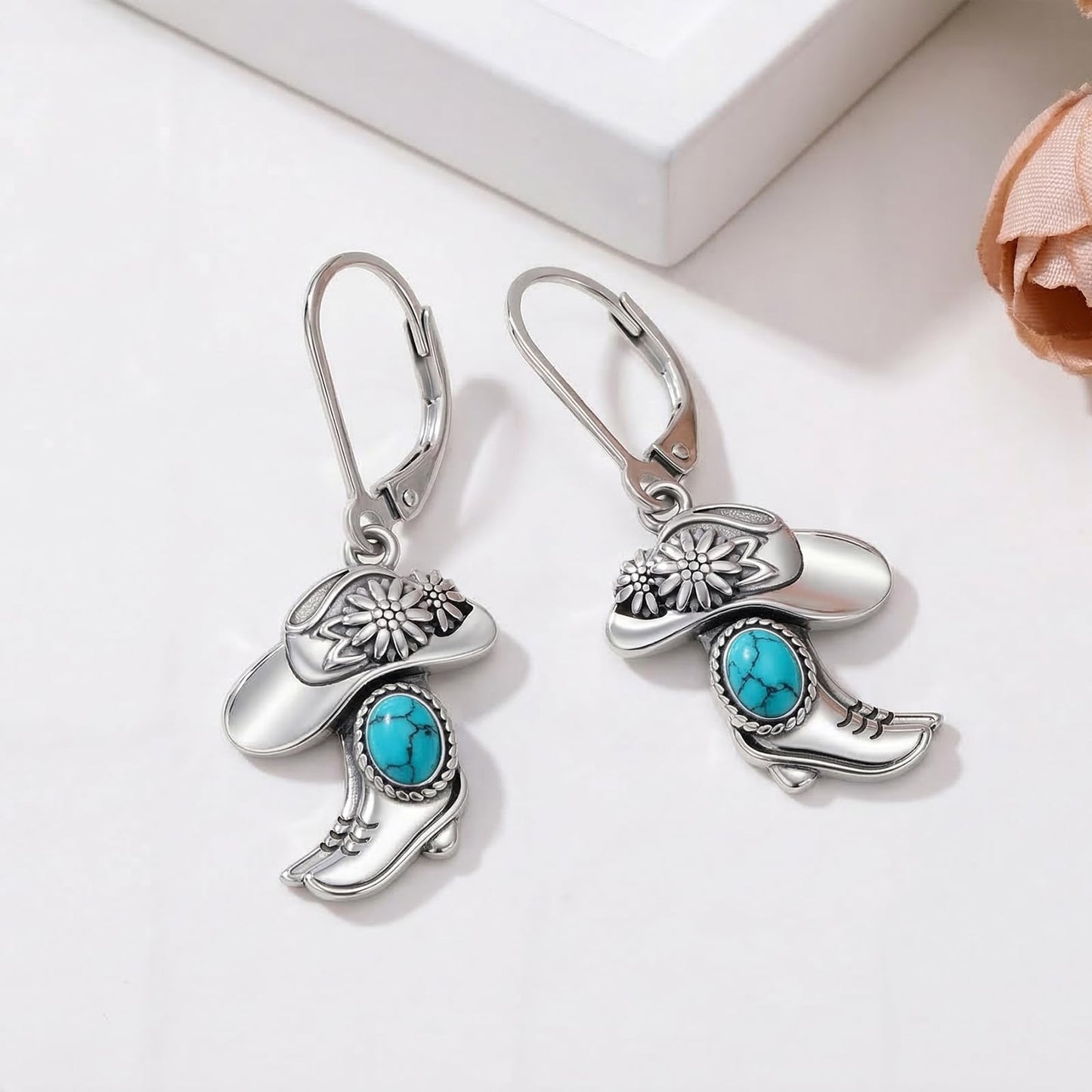YYmqmq Turquoise Cowboy Boot Earrings 925 Sterling Silver Western Jewelry Cowgirl Hat Dangle Earrings Laverback Country Style Cowgirl Gifts for Women Girlfriend Her