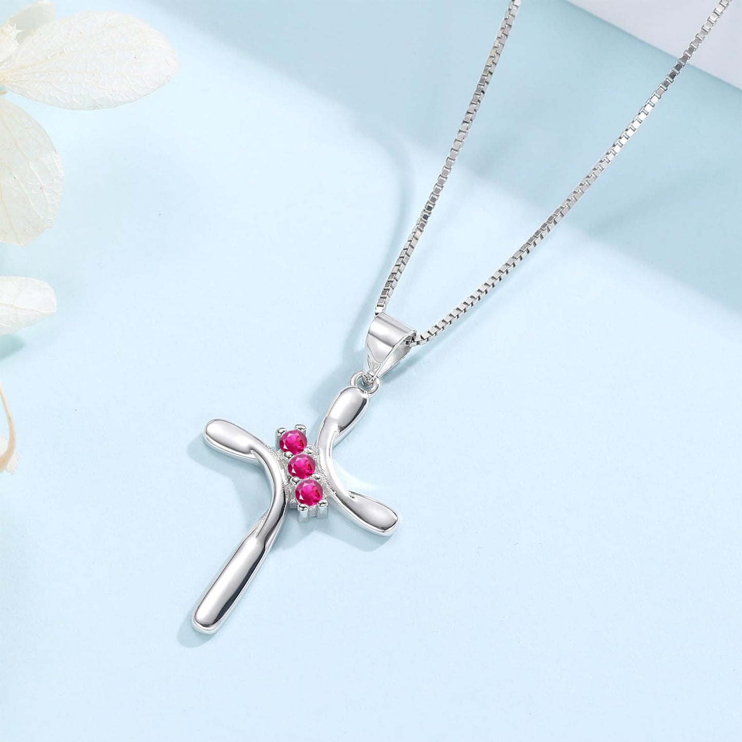 EVERU S925 Sterling Silver Cross Necklace for Women Birthstone Necklace with Cubic Zirconia 18K Gold Plated Cross Pendant Jewelry Ideal Gift Dark Red Ruby July