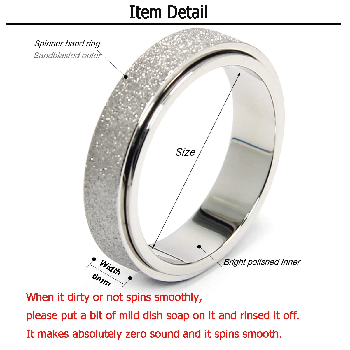 OreilleStar Anxiety Ring for Women Men Fidget Toys Adults Spinner Ring Titanium Stainless Steel 6mm Wide Size 9 Silver Band Ring Hand Polished