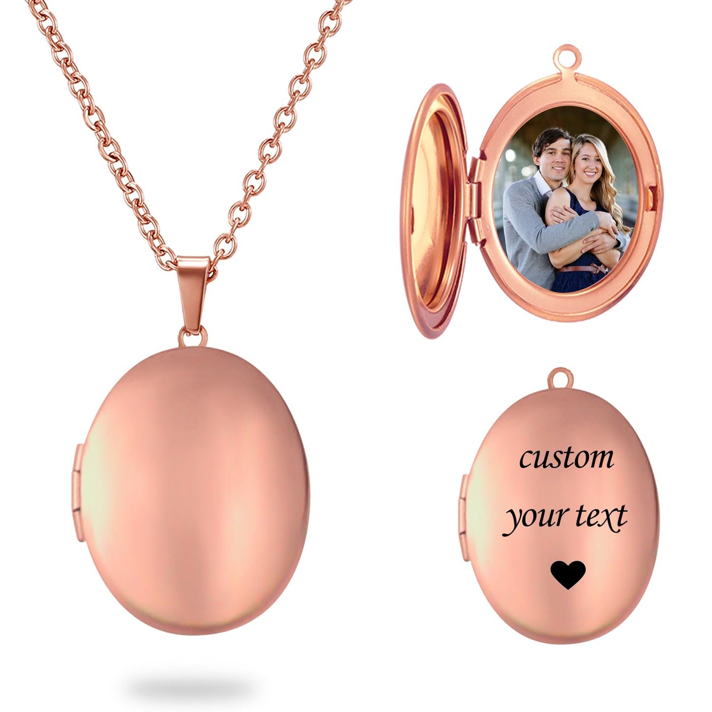 Rose Gold Glossy Oval Lockets Personalized Necklaces for Women Custom Photo Locket Necklace for Women Text & Symbols Engraved Customized Lockets Gifts for Mom Daughter