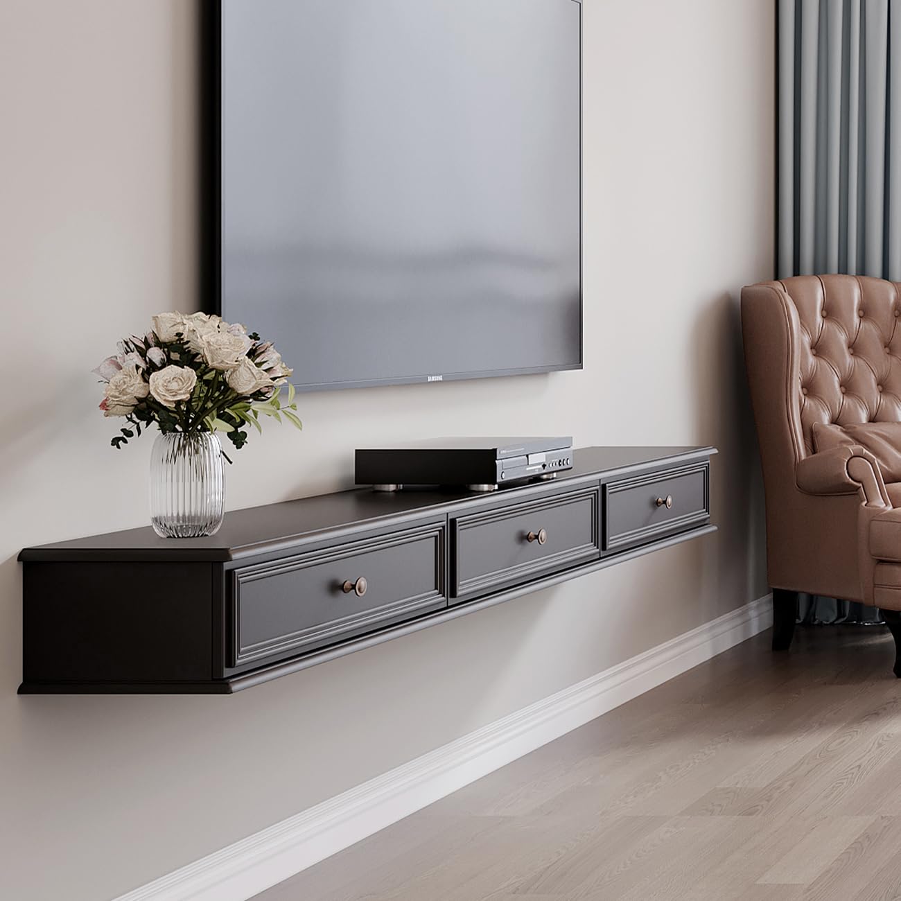 YeTrini 70-inch Wall-Mounted TV Stand, Accommodates 50- to 75-inch TVs, Features Hidden Cable Management, high Weight Capacity, and Space-Saving Black Floating TV Stand