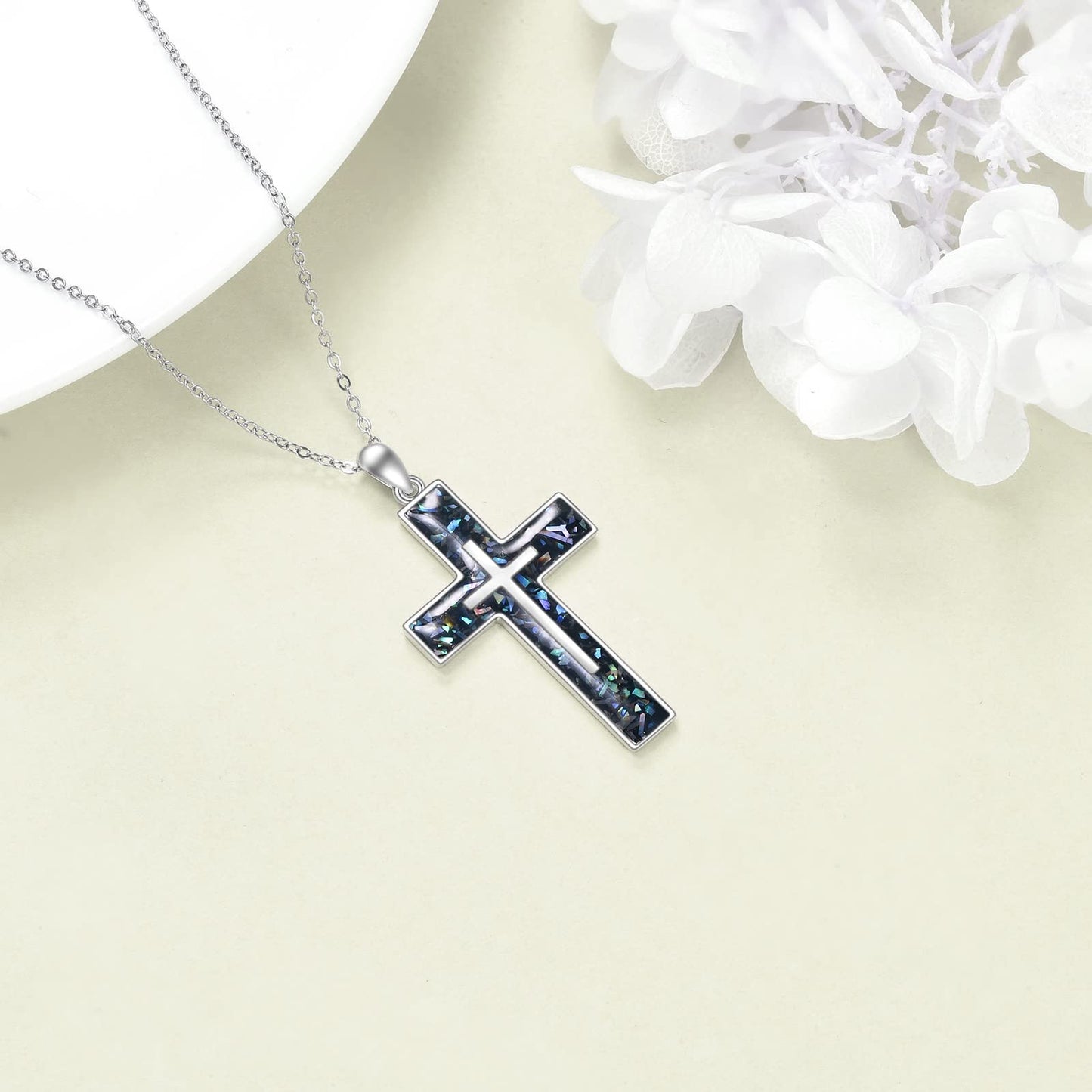 YFN Cross Necklace Sterling Silver Abalone Shell Cross Pendant Religious Jewelry Gifts for Women Men