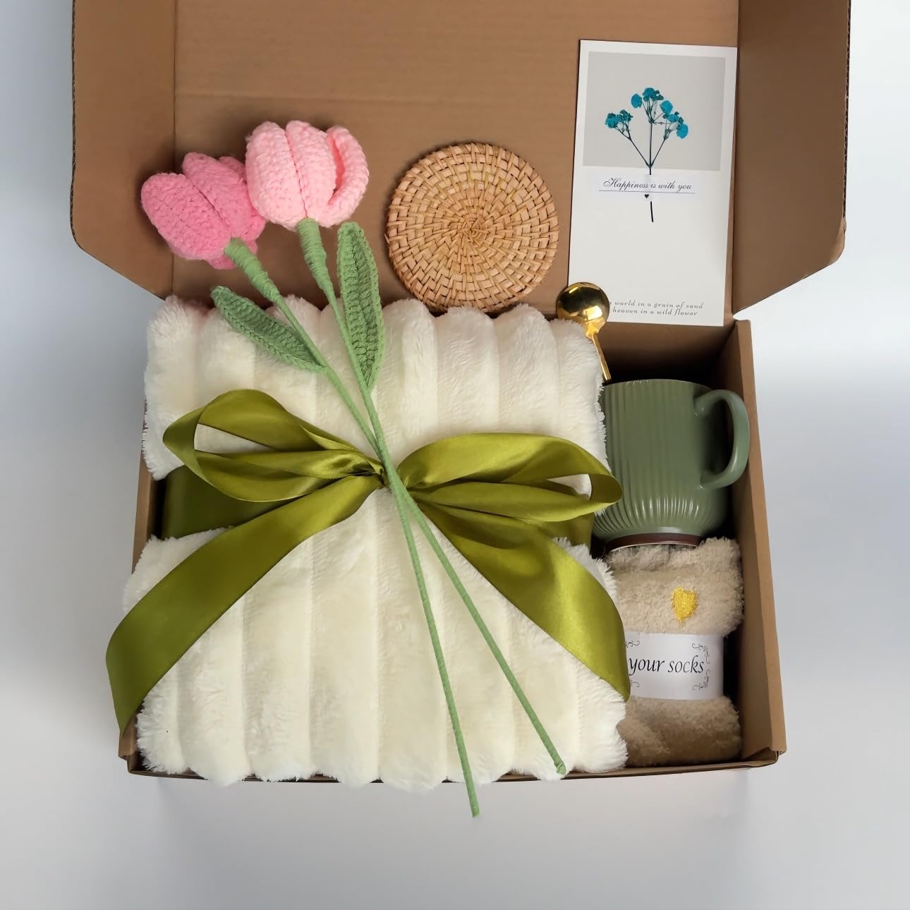 Self Care Gift Basket for Women – 8-Piece Thoughtful Present for Birthdays, Mother's Day, Graduation, Recovery, Mental Wellness, Knit Tulip Gift Throw Blanket,Self Love Box,Happy Birthday Gifts