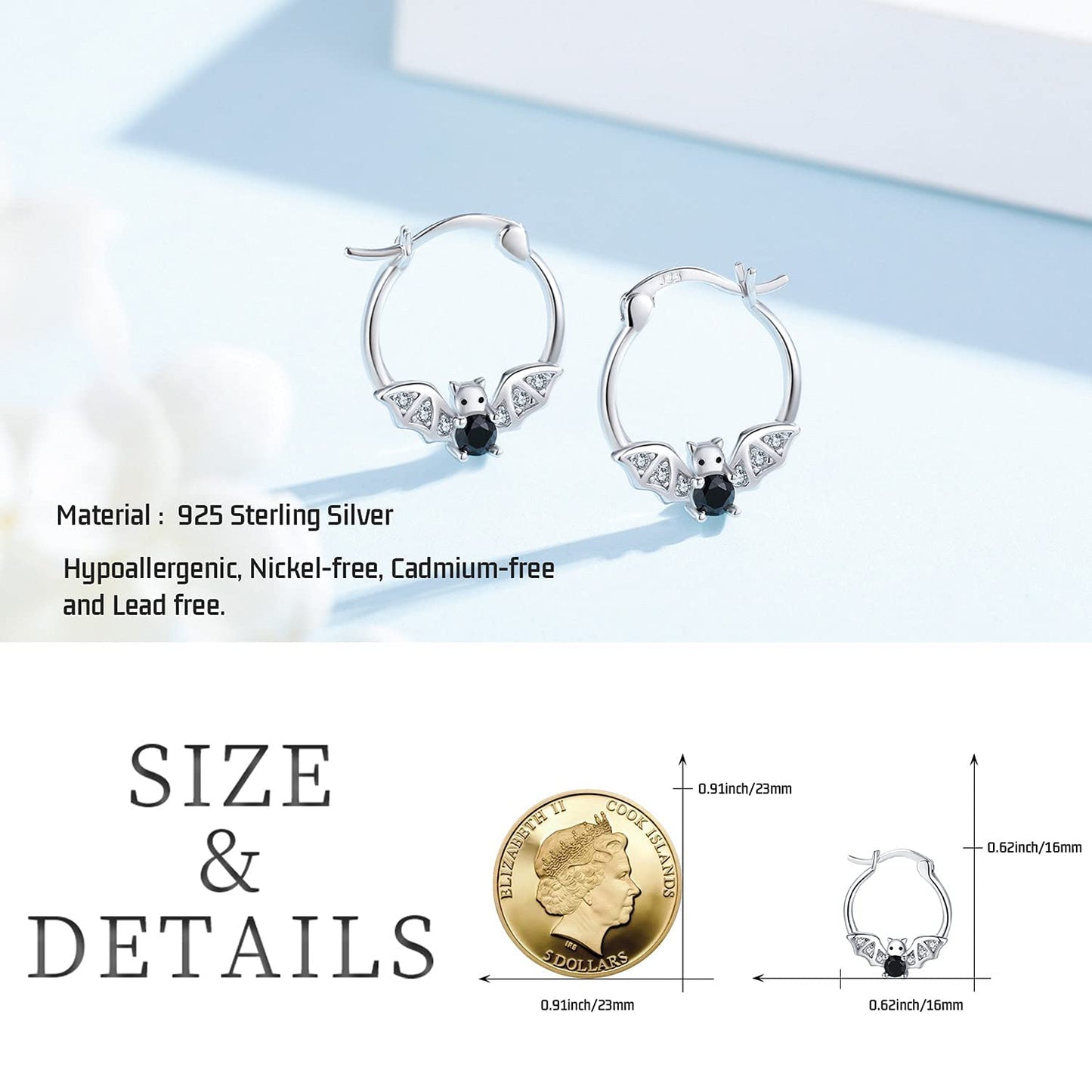 Bat Earrings 925 Sterling Silver Hypoallergenic Small Animal Huggie Hoop Earrings for Sensitive Ears Gothic Bat Jewelry Halloween Graduation Gifts for Women Daughter Her