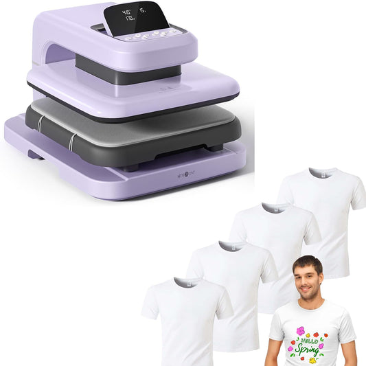 HTVRONT Heat Press Machine for T Shirts Purple - Auto Heat Press 2 with Adjustable Pressure & Higher Heating Height + 5 Pack Polyester T-Shirts Blanks - White Crew Neck Short Sleeve Shirts