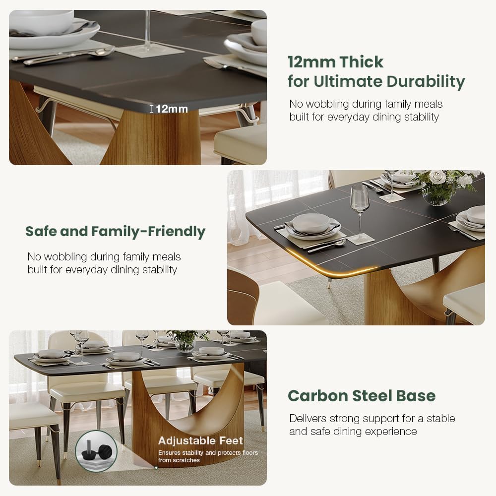 POVISON 94" Modern Dining Table for 8-10, Matte Black Dining Table, Sintered Stone Dining Tabletop with Bronze Carbon Steel Pedestal,Rectangle Dining Room Table (Table Only)