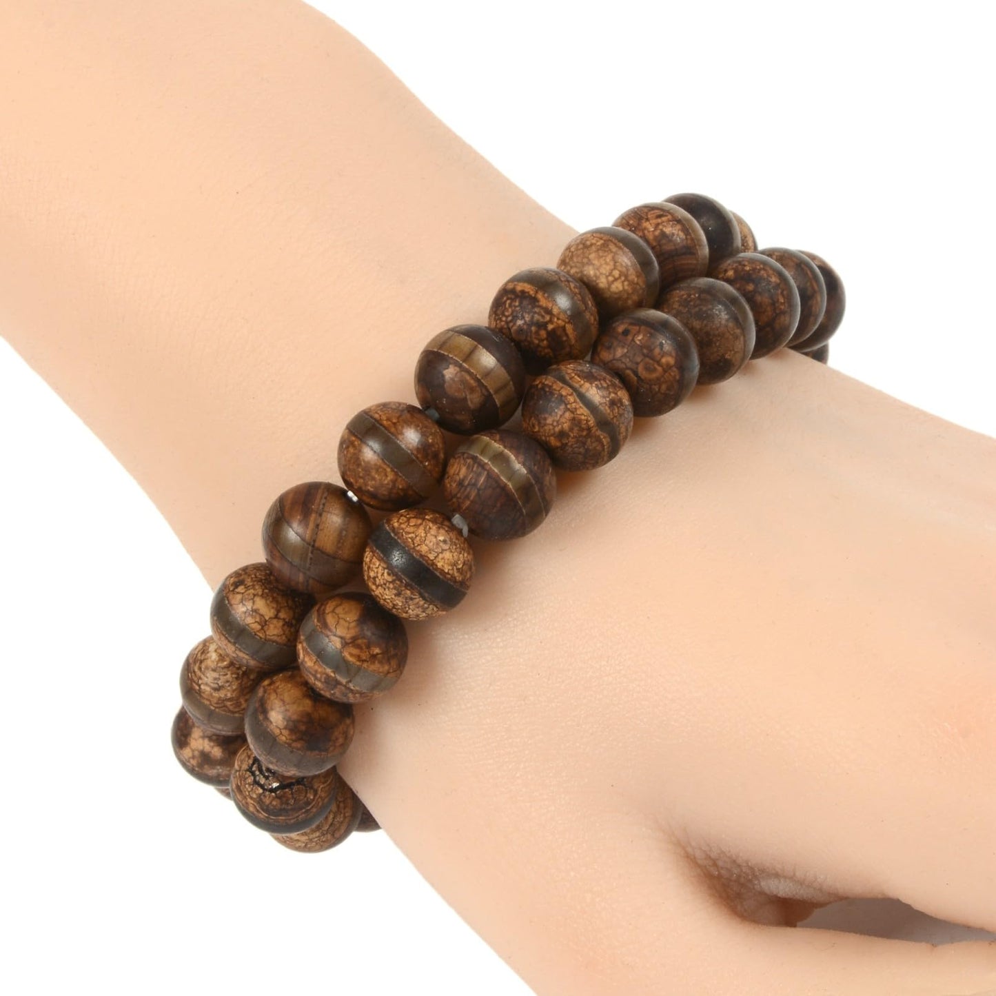 Justinstones Matte Green Brown Tibetan Agate Dzi Stripe Gemstone 10mm Round Beads Stretch Bracelet 7 Inch Unisex