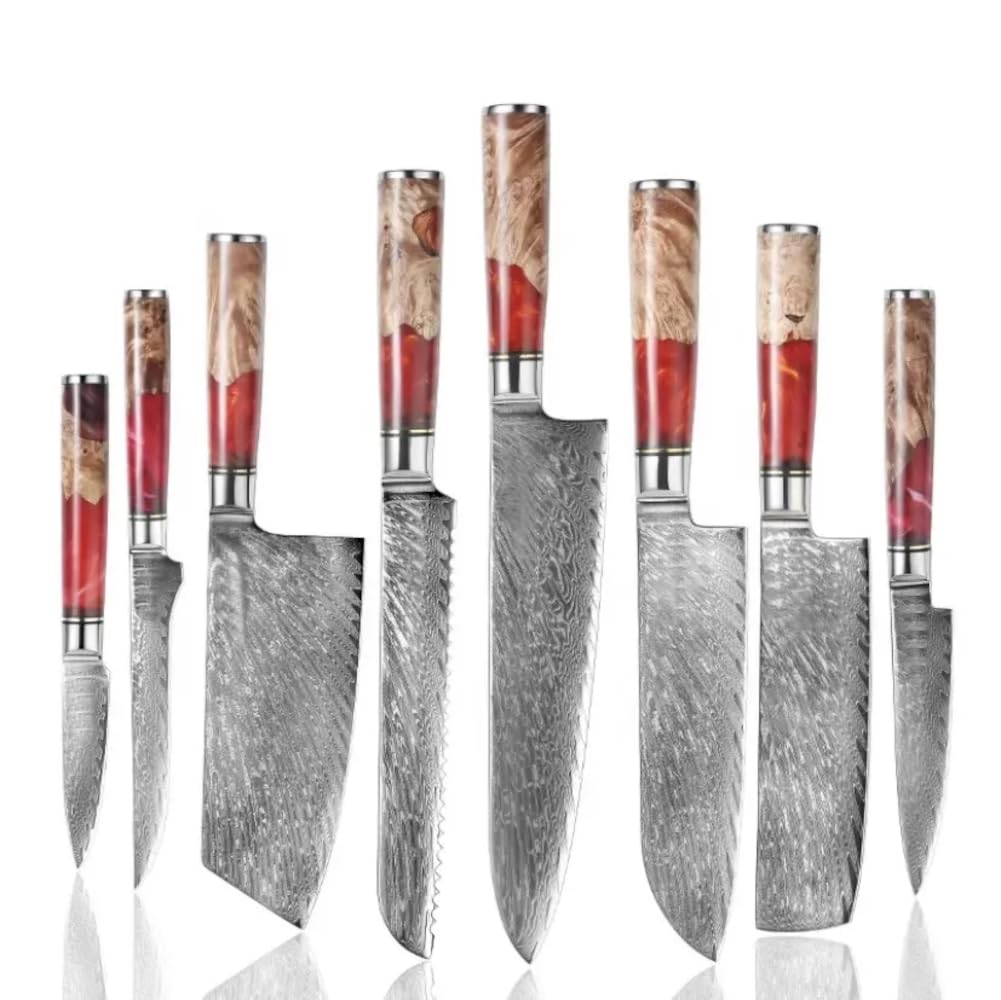 Epicurean Cook Damascus Kitchen Knife Set with VG10 Steel - 8-Piece Japanese Damascus Knife Set for Professional Performance - Ultra Sharp Chef Knives with Burl Wood Red Resin Handles