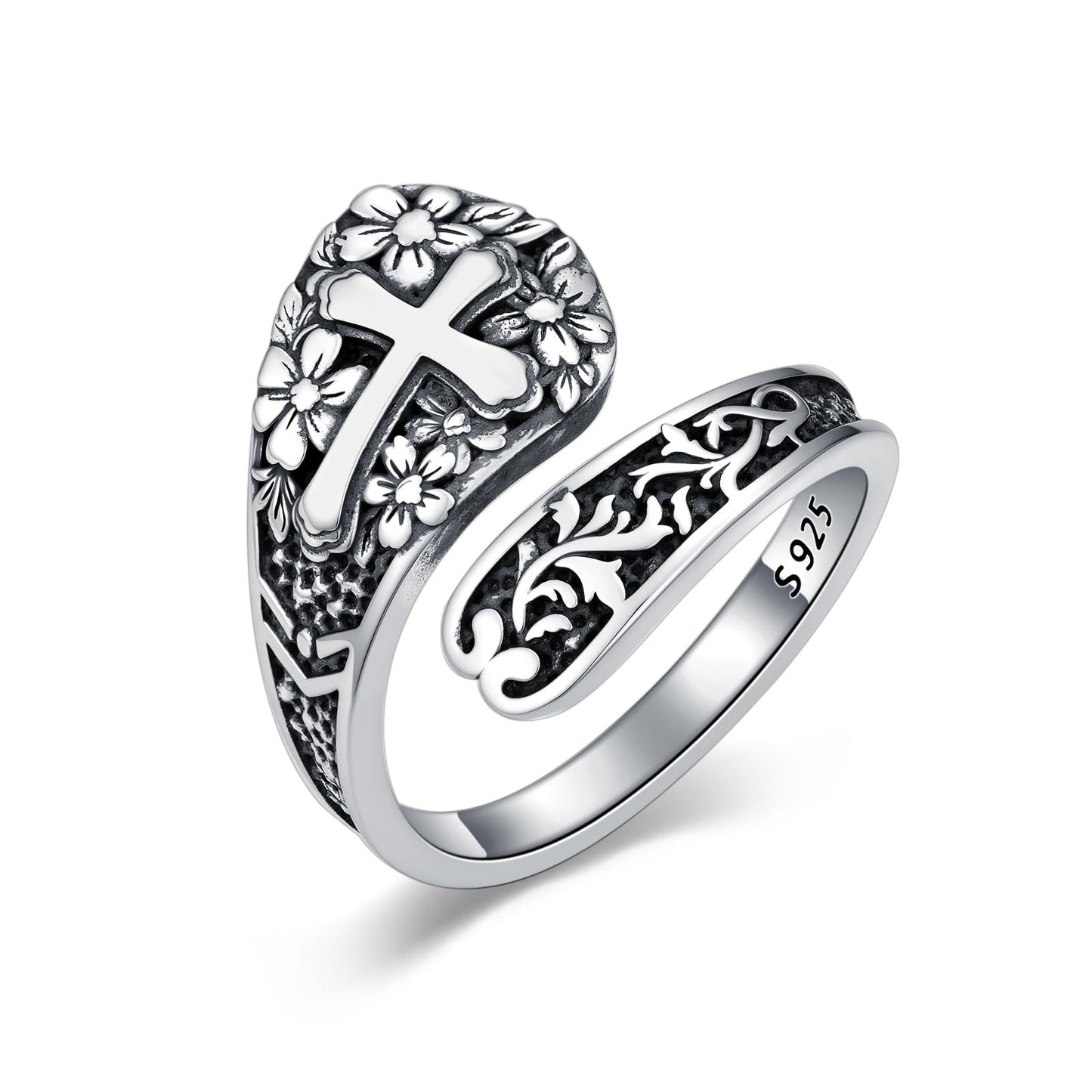 Midari Spoon Rings for Women 925 Sterling Silver Cross Flower Rings Adjustable Oxidized Vintage Flower Faith Finger Thumb Rings Cross Flower Faith Jewelry for Women Daughter Birthday Christmas Gifts