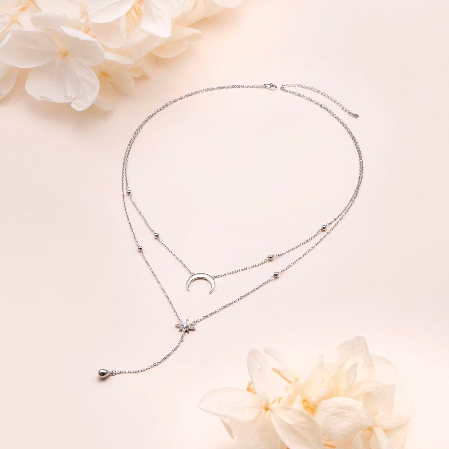 FLYOW Moon Star Layered Necklace for Women S925 Sterling Silver Double Choker Y Lariat Long Chain Necklace Birthday Mother Daughter Necklace for Ladies Mother Wife