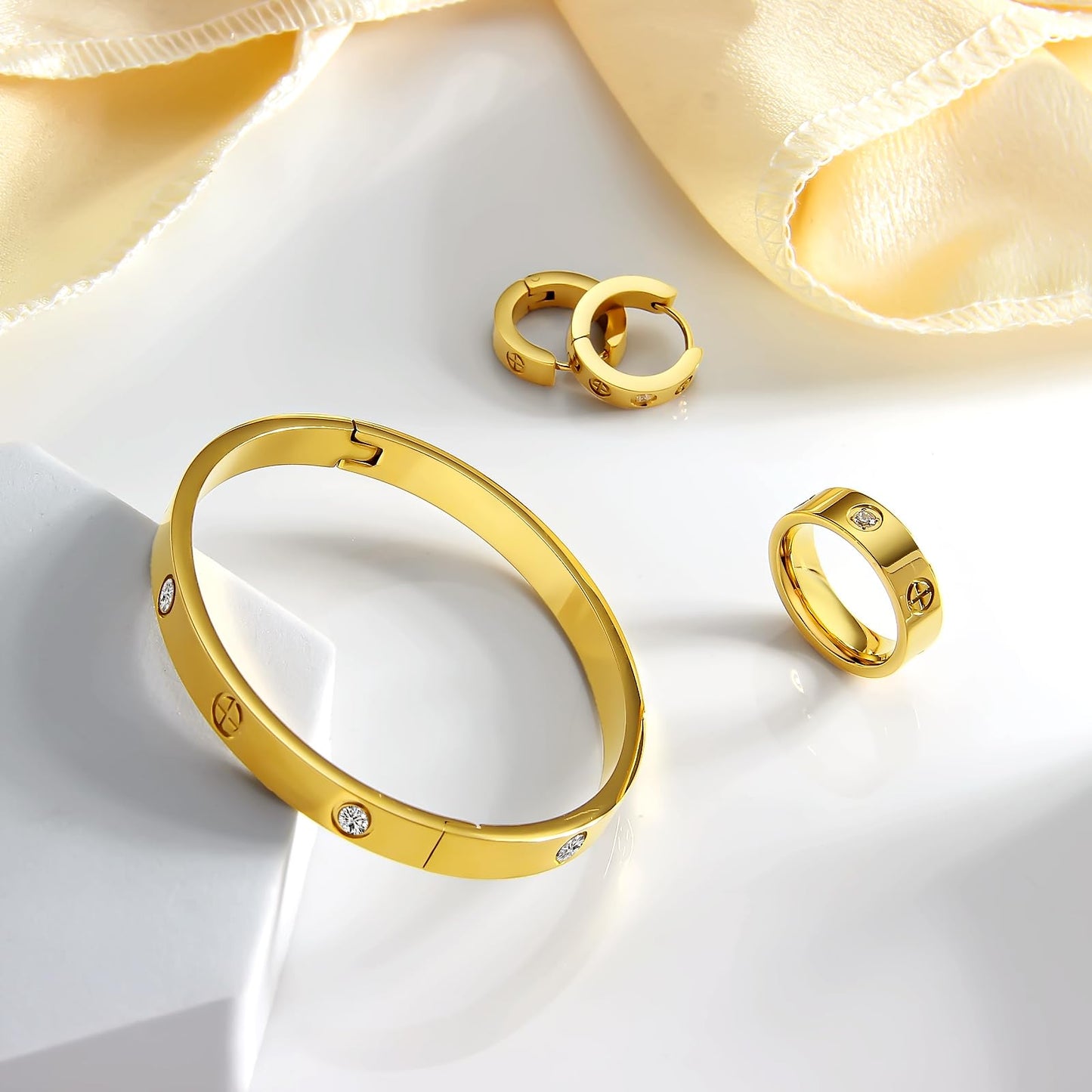 3 Pcs Hoop Earrings Bracelets Ring Sets for Women-18K Gold Plated Love Bracelet Cubic Zirconia Cuff Bangle Hoop Earrings Friendship Love Ring Jewelry Set,Wedding Party Christmas Valentine's Day Birthday Gifts for Her Girlfriend Sister Daughter