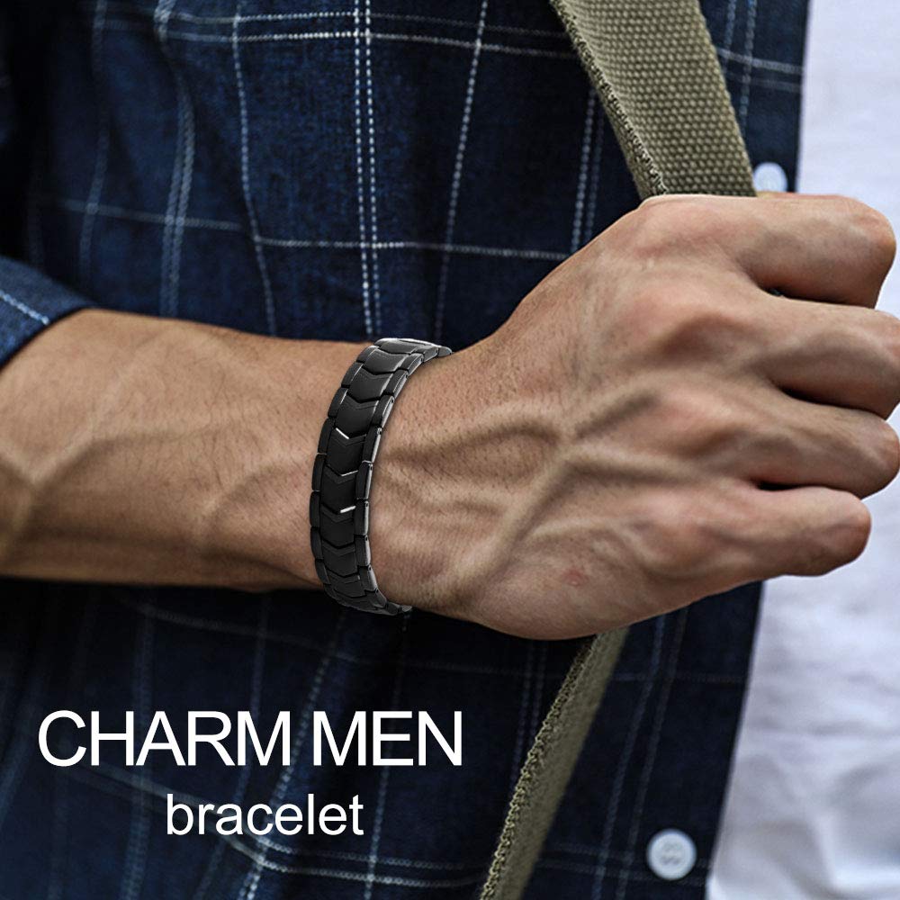 KYOSI 3X Magnetic Bracelets for Men Three rows Energy Stainless Steel Bracelet Magnet Link Mens Christmas Gift Jewelry (Black, 8.66 inches)