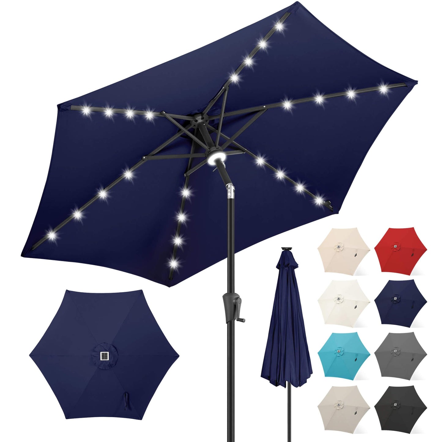 FLAME&SHADE 7.5 FT Solar Light Patio Umbrella, 24 LED Lights Outdoor Umbrella with Centre Surround Light, Table Umbrella Outdoor Patio for Deck, Pool, Backyard, Garden, UV Protection (Navy Blue)