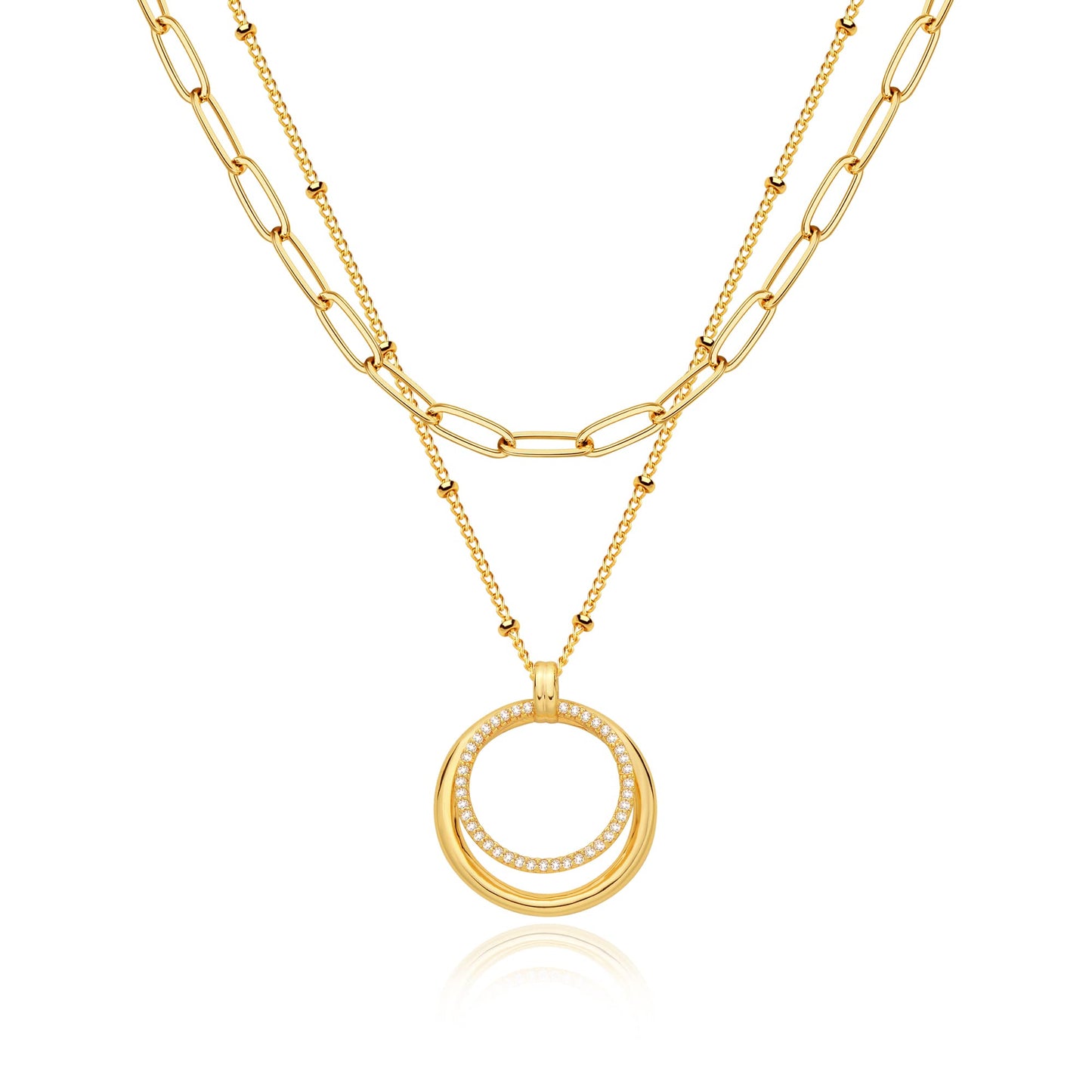 MEVECCO Gold Layered Choker Necklace for Women, 18K Gold Plated Dainty CZ Double Circle Pendant Minimalist Paperclip Double Layer Necklace for Jewelry