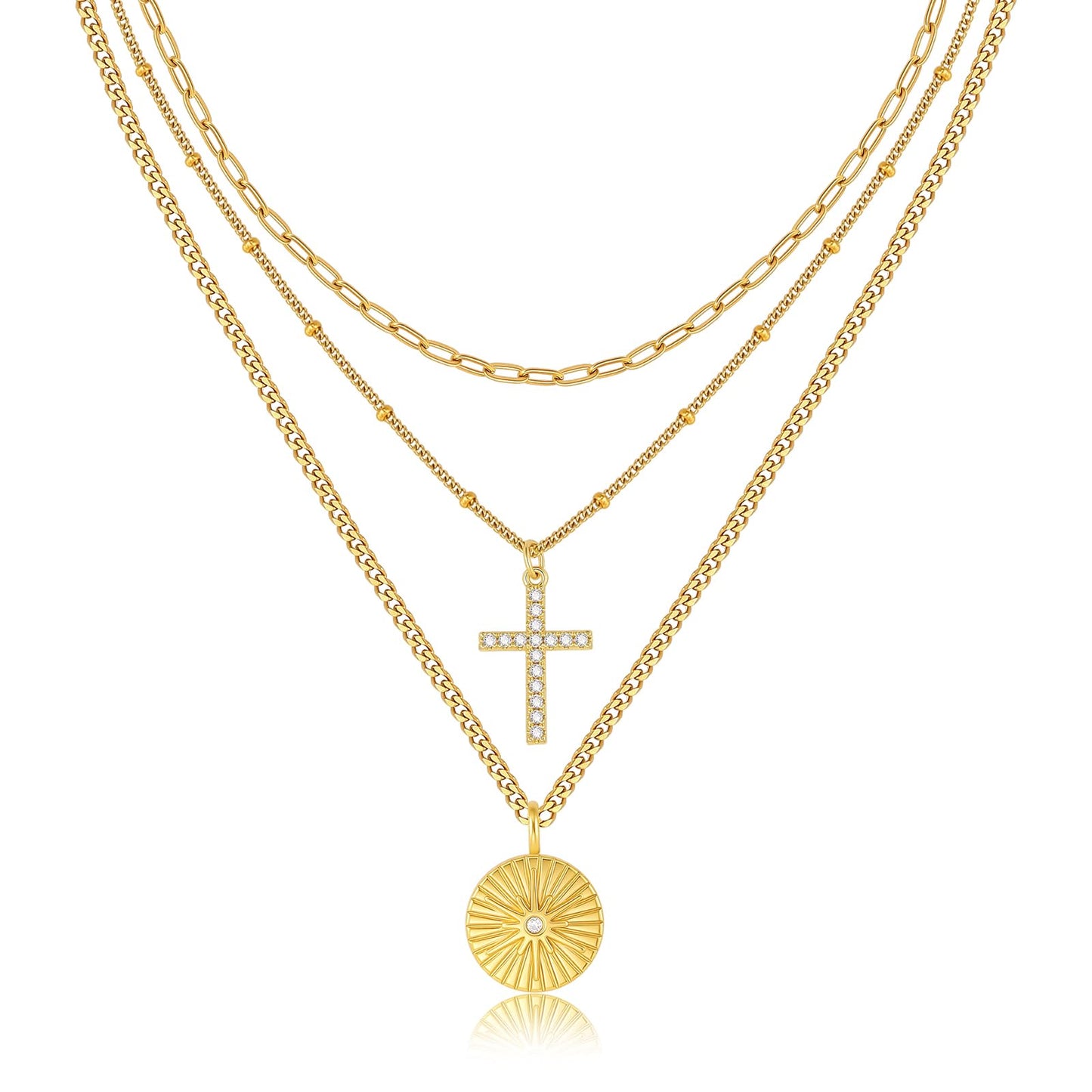 Gold Layered Necklace for Women - 3Pcs 18K Gold Plated Cross Necklaces, Stainless Steel Stackable Necklace Cuban Link Paperclip Chain Trendy Jewelry, Herringbone Choker Christmas Birthday Gift for