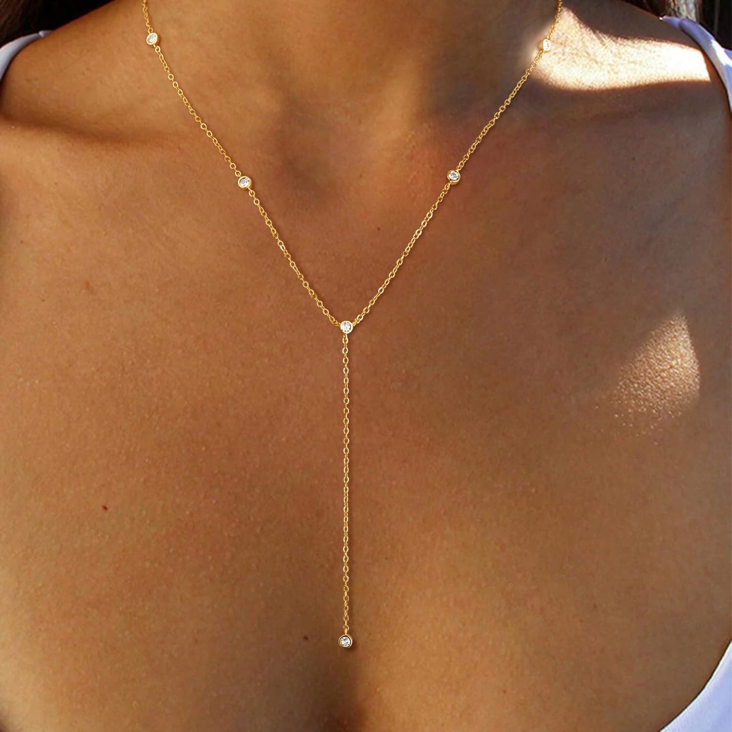 Fglqfam Lariat Necklace for Women, Dainty Long Necklaces, 14k Gold/Silver Plated Y-Shaped Drop Chain Necklace, Simple Layered Necklaces, Trendy Jewelry Gifts