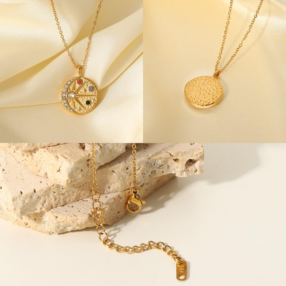 18k Gold Plated Sun and Moon Coin Pendant Necklace for Women Colorful CZ Crescent Moon Medallion Charm Necklace Dainty Star Celestial Zodiac Jewelry 16.5’’
