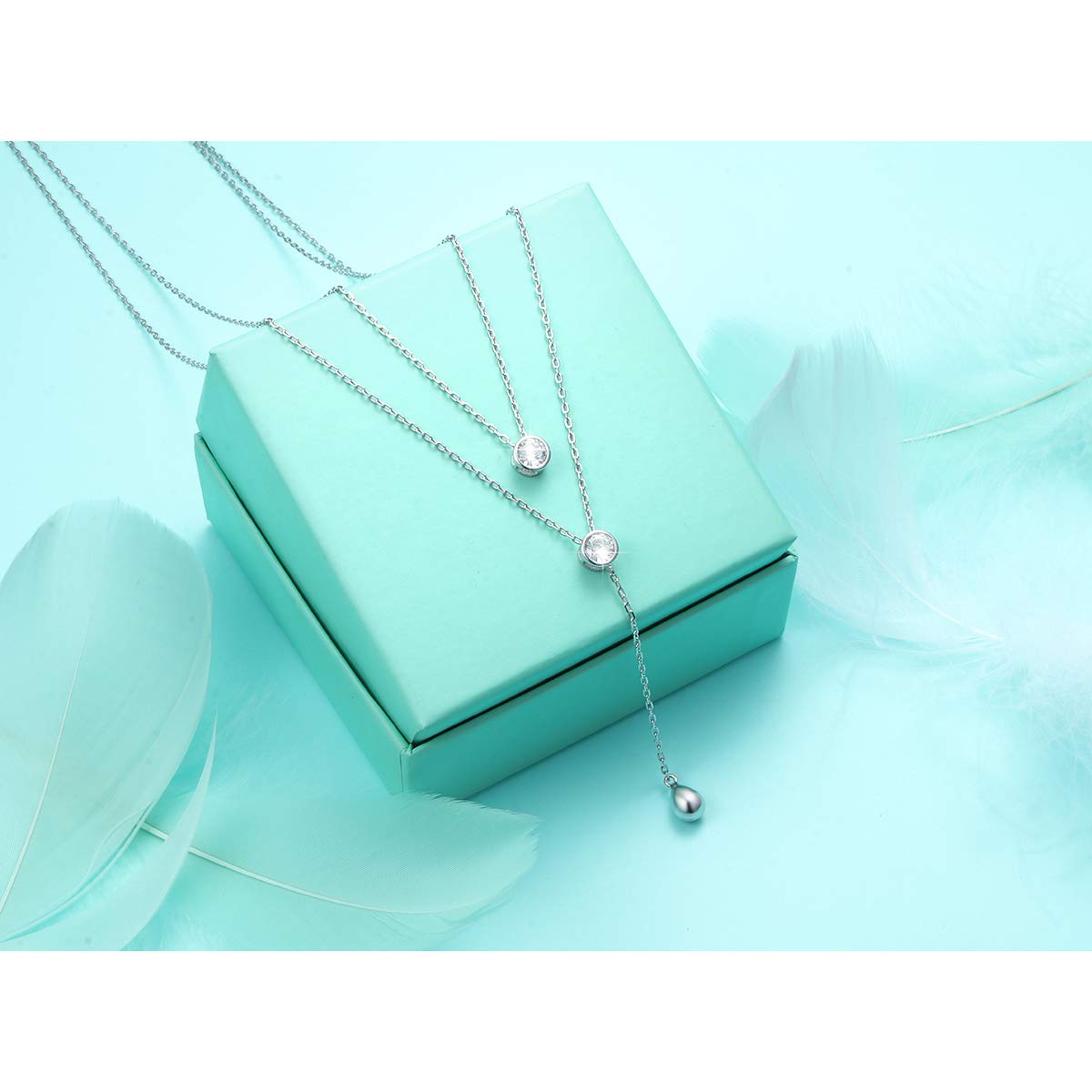 FLYOW Layered Necklace S925 Sterling Silver Teardrop Round CZ Double Choker Y Lariat Long Multilayer Necklace Birthday Present Mother Daughter Jewelry for Women Wife Fiancée