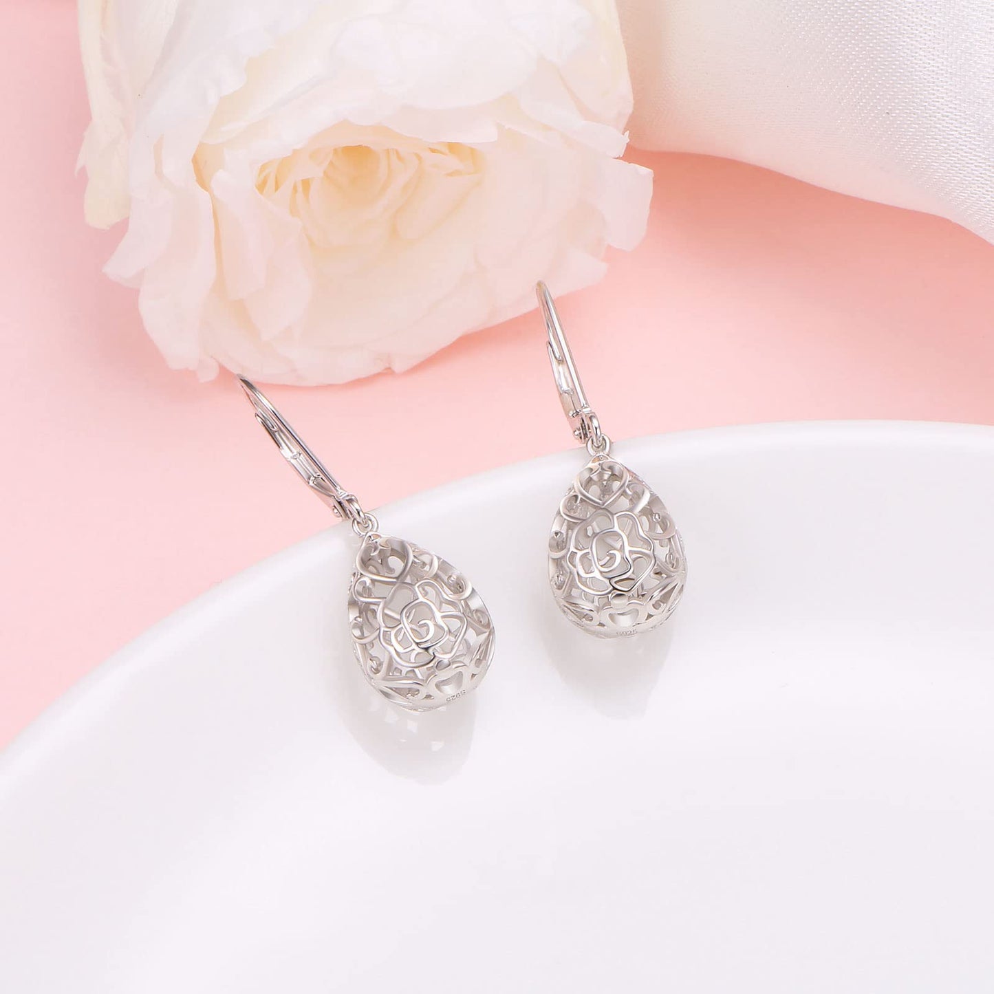 SHAOAN 925 Sterling Silver Filigree Dangle Drop Earrings Flower Rose Leverback Teardrop Earrings for Women Jewelry for Mother’s Day