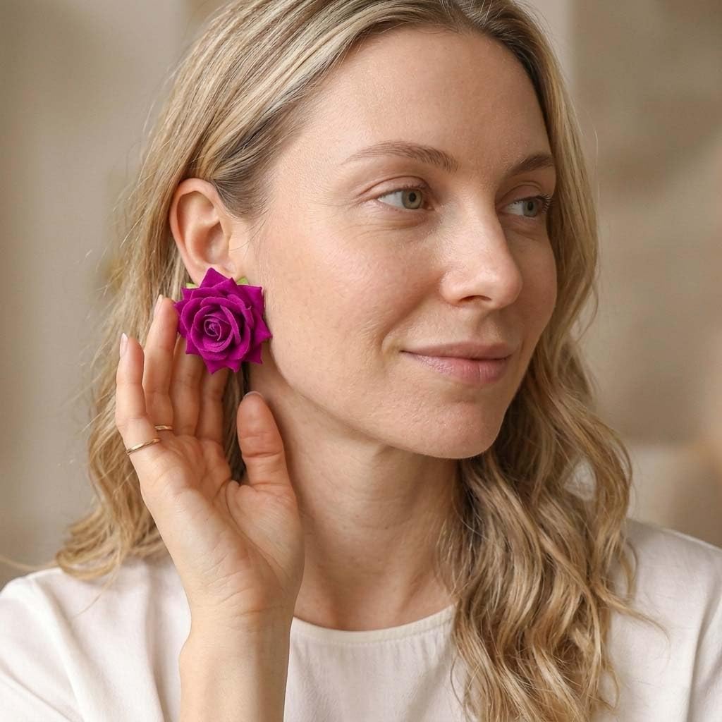ALRNBY Rose Earrings for Women Flower Earrings Red White Purple Floral Earring Big Stud Prom Jewelry Alt Elegant Jewelry Wedding Bridal Bridesmaid (Purple)