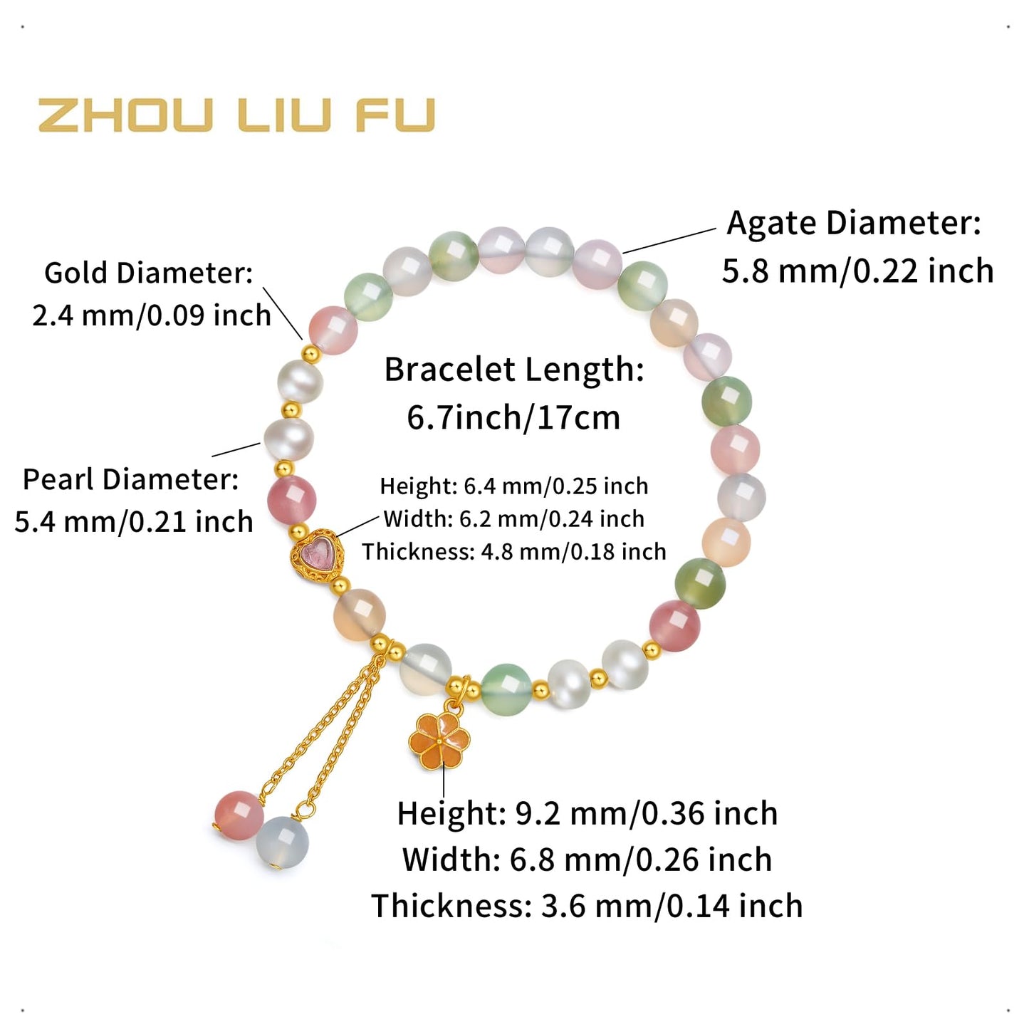 ZHOU LIU FU Sterling Silver Beaded Bracelets for Women Silver Agate Pearl Colorful Gemstone Bead Heart Flower Stretch Bracelet Mom Birthday
