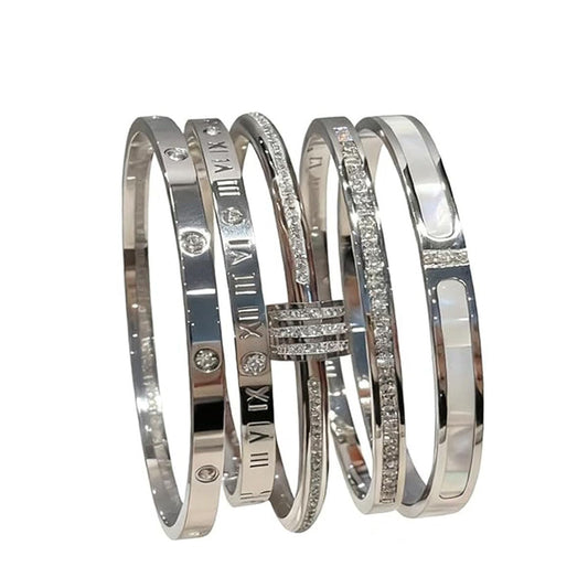 5-Piece Elegant Stainless Steel Bracelet Set, Fashionable Classic Design, Silver/Gold Love Bangle Non Tarnish Stackable Bracelet Trendy Jewelry Gift Gifts for Girlfriend Wife Her (Silver)