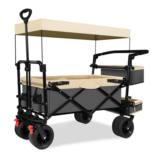 TAIFA Collapsible Foldable Wagon Cart with Removable Canopy, Push Pull Utility Beach Wagon with Big Wheels and Brakes for Sand Shopping Camping Outdoors, Beige1