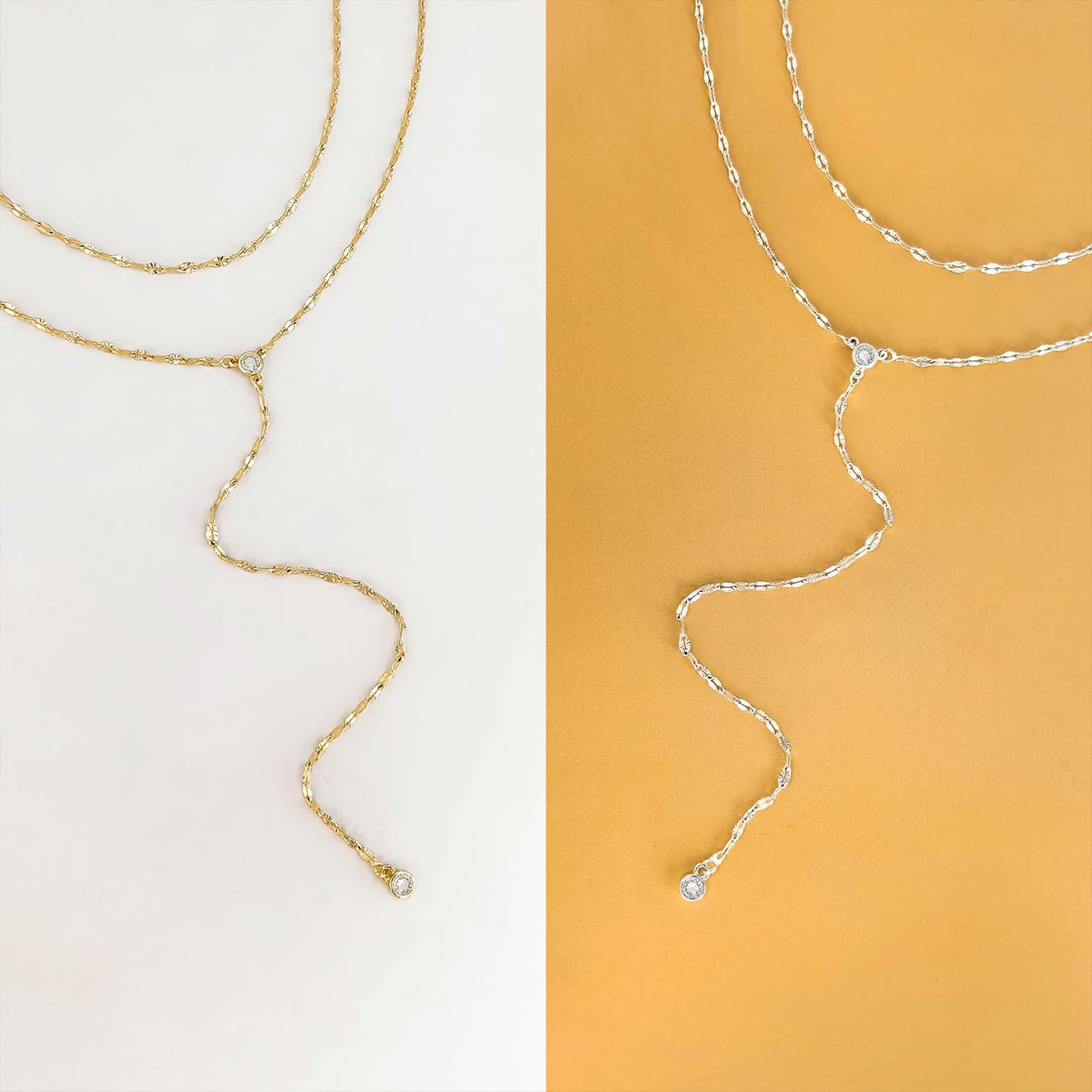 Airmb Lariat Gold Necklace for Women 14K Gold Plated Dainty Long Necklace Y-Shaped Drop Pendant Necklaces Choker Trendy Chain Simple Layered Necklaces CZ Jewelry for Women Set Gift