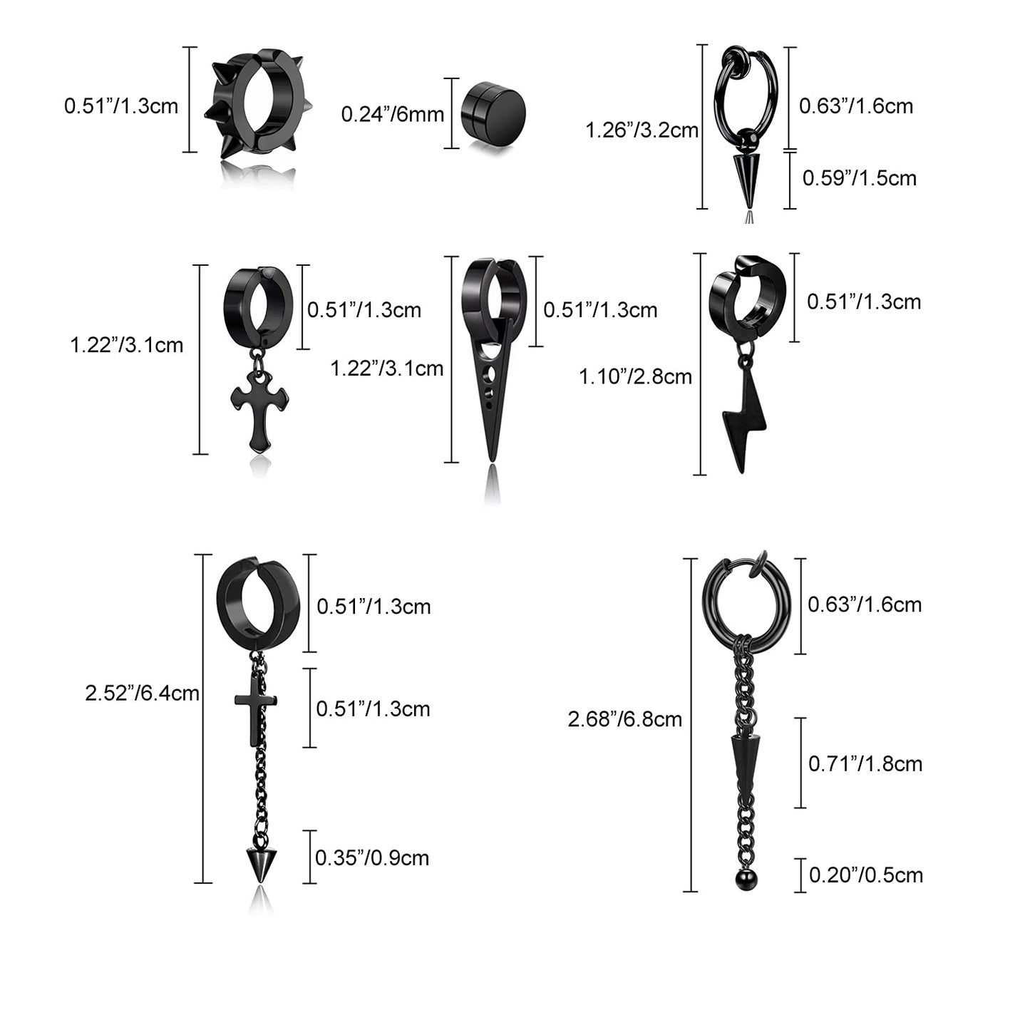 14 Pcs Black Punk Stainless Steel Fake Piercing Spike Rivet Cross Triangle Dangle Tassel Clip on Hoop Earrings Set for Women Men, Non Pierced Fake Stud Earrings (Black-Set A)