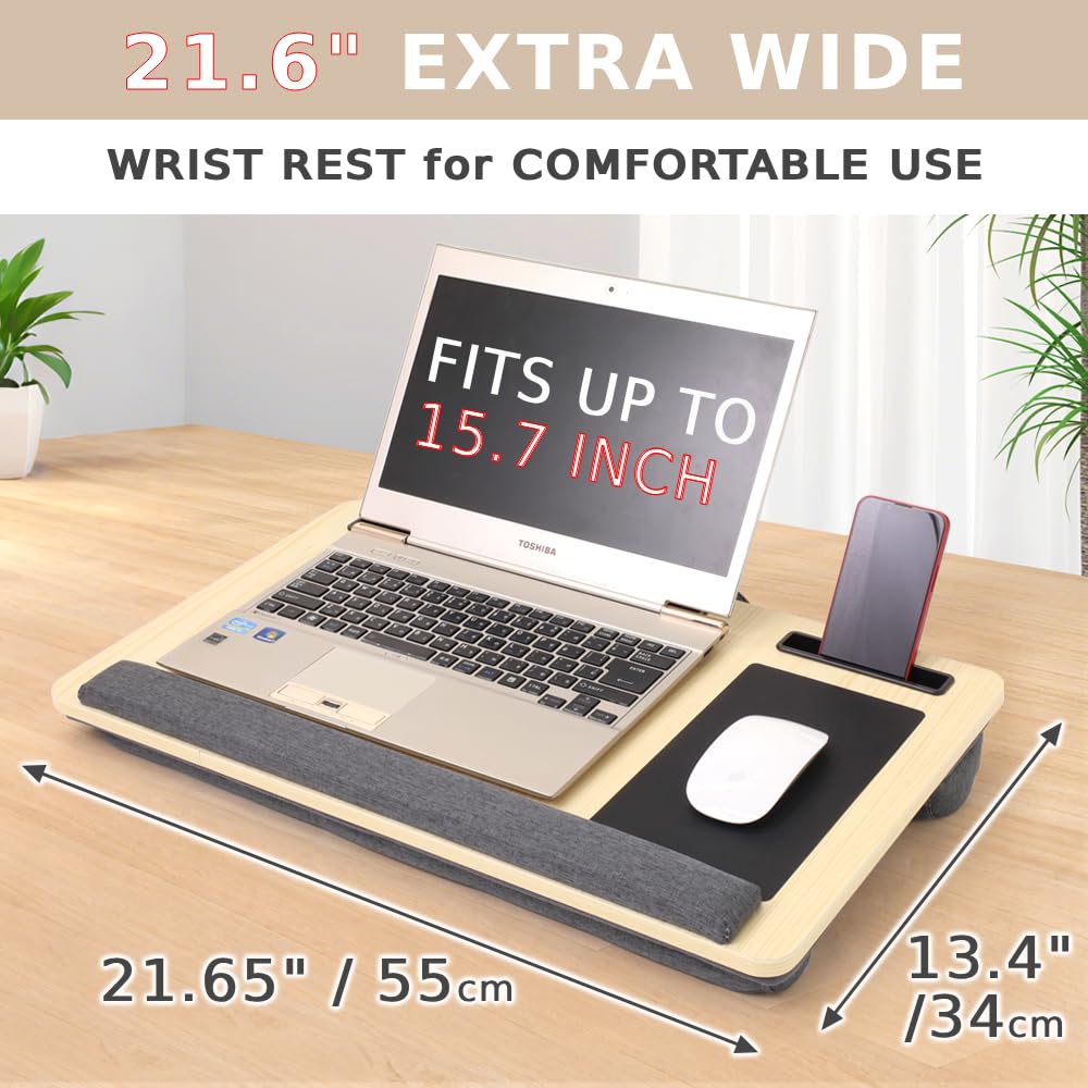 Japard Laptop Lap Desk with Mousepad, Cushion, Wide 21", Fits up to 15.6 inch, Portable Handle, Tablet Pen Phone Holder Wood Natural Home Office Gift