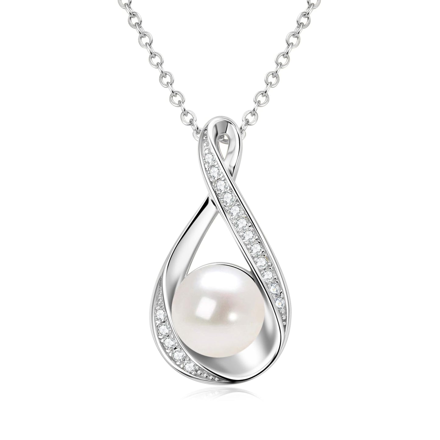 Pearl Necklace for Women, Sterling Silver Freshwater Cultured Dainty Single Pearl Pendant Necklace with Moissanite Wedding Jewelry Gift for Bride Bridesmaid (9mm)