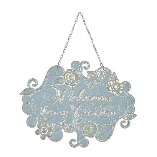 All Chic Welcome to My Garden Sign Hanging Yard Sign for Garden Decor Rustic Farmhouse Backyard Outdoor Wall Decor(Blue)