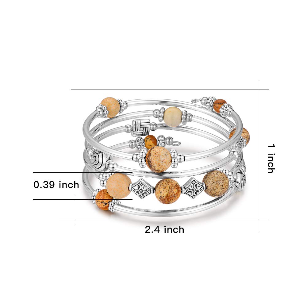 Beaded Pearl Bangle Wrap Bracelet - Fashion Bohemian Jewelry Multilayer Charm Bracelet with Thick Silver Metal Beads, Gift For Women(Picture Stone)