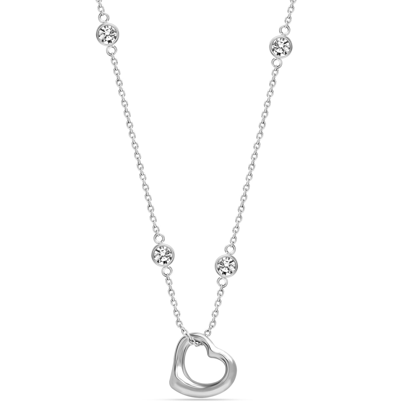 LeCalla 925 Sterling Silver 14K Rhodium Plated Open Heart Pendant Zirconia Station Chain Necklace Mothers Day Gifts for Women - 20 Inches