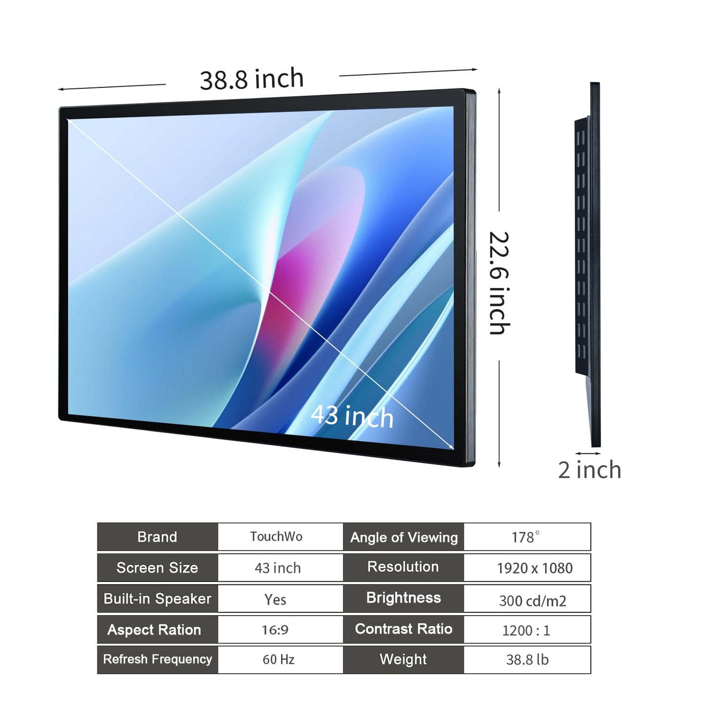 TouchWo 43 inch Capacitive Multi-Touch Screen Industrial Monitor, 16:9 Display 1920 x 1080P, Built-in Speakers, USB, VGA, DVI & HD-MI Ports, Digital Signage Displays and Player for Advertising