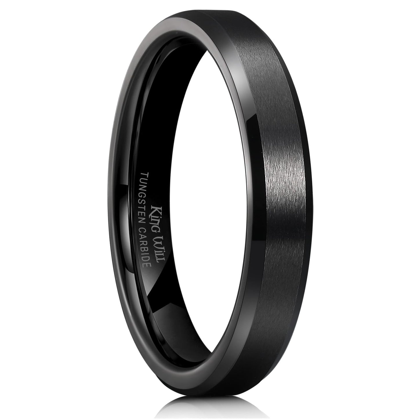King Will 4mm Black Tungsten Men's Wedding Band - Brushed Matte Finish, Beveled Polished Edge, Comfort Fit 7